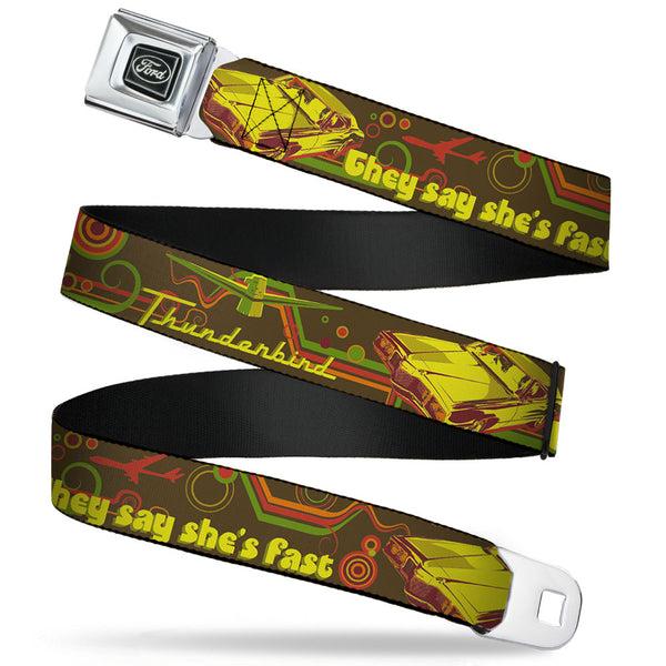 Buckle-Down Ford Emblem Seatbelt Belt - Vintage Ford THUNDERBIRD-THEY SAY SHE'S FAST Browns/Yellows Webbing