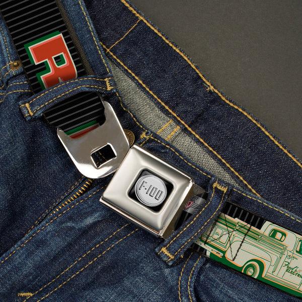 Buckle-Down Ford F-100 Logo Full Color Black Grays Seatbelt Belt - FORD/Classic Ford Trucks Vertical Stripe Black/Grays/Green/Red Webbing