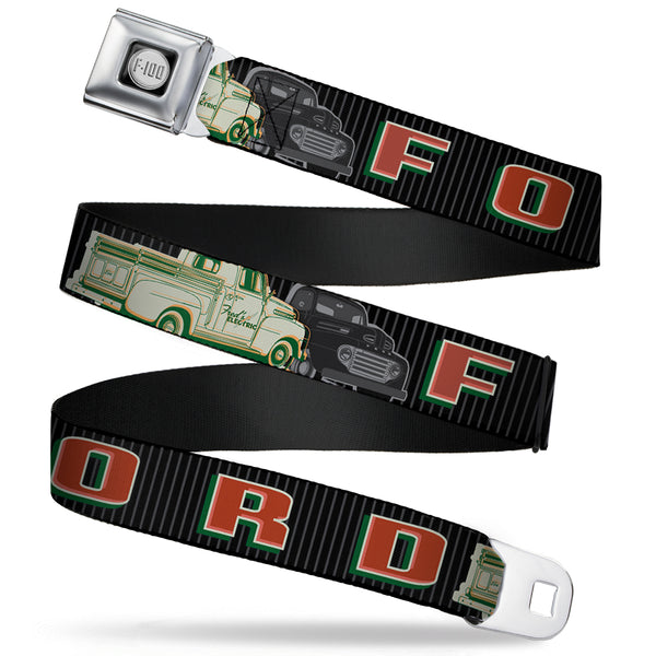 Buckle-Down Ford F-100 Logo Full Color Black Grays Seatbelt Belt - FORD/Classic Ford Trucks Vertical Stripe Black/Grays/Green/Red Webbing