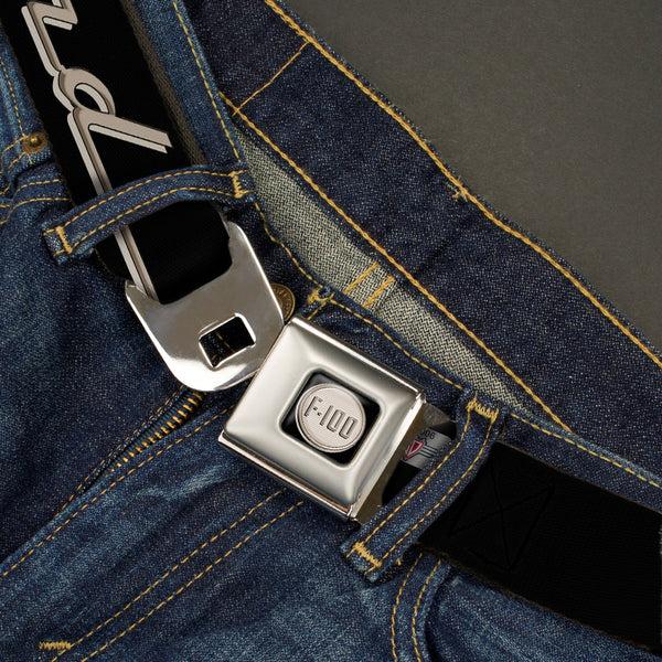 Buckle-Down Ford F-100 Logo Full Color Black Tans Seatbelt Belt - FORD F-100 Script Black/Tan-Gray Webbing