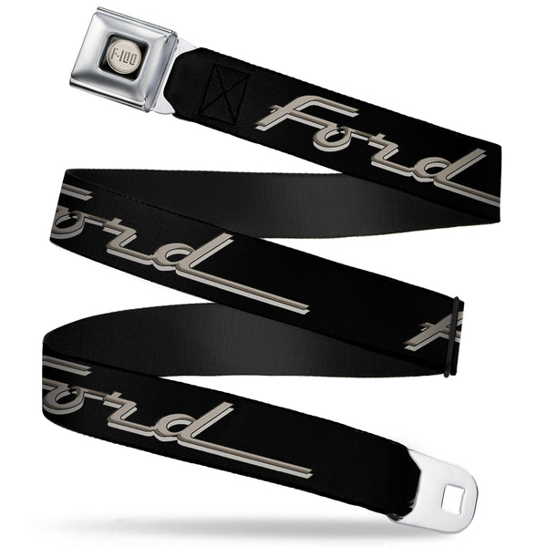 Buckle-Down Ford F-100 Logo Full Color Black Tans Seatbelt Belt - FORD F-100 Script Black/Tan-Gray Webbing
