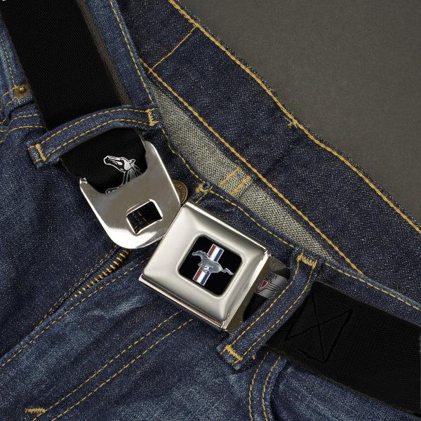 Buckle-Down Ford Mustang Emblem Seatbelt Belt - Ford Mustang Black/White Logo REPEAT Webbing