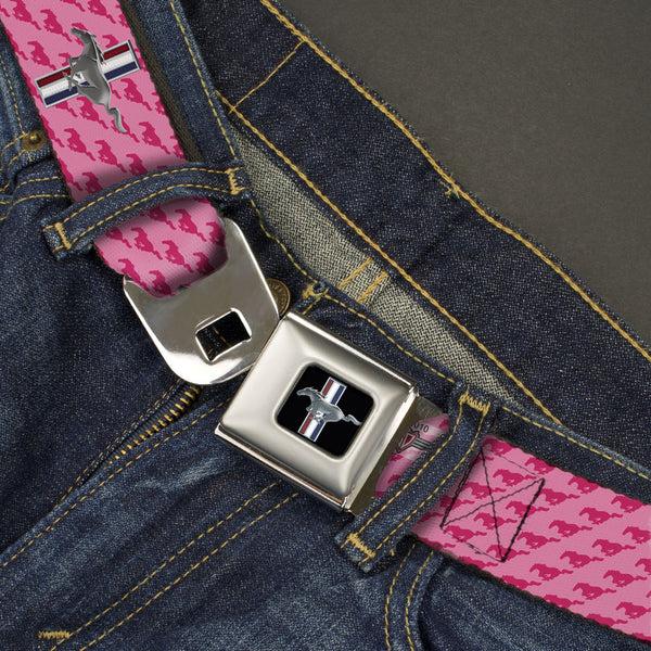 Buckle-Down Ford Mustang Emblem Seatbelt Belt - Ford Mustang W/Bars W/Text PINK LOGO REPEAT Webbing
