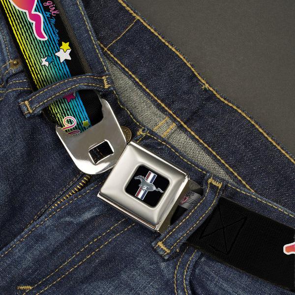 Buckle-Down Ford Mustang Emblem Seatbelt Belt - Mustang PONY GIRL UNTAMED SPIRIT/Stars Black/Multi Color Webbing