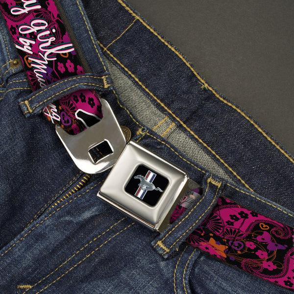 Buckle-Down Ford Mustang Emblem Seatbelt Belt - Mustang PONY GIRL/Floral Collage Black/Pinks/White Webbing