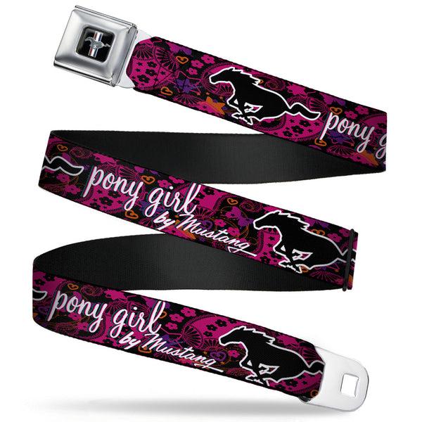 Buckle-Down Ford Mustang Emblem Seatbelt Belt - Mustang PONY GIRL/Floral Collage Black/Pinks/White Webbing