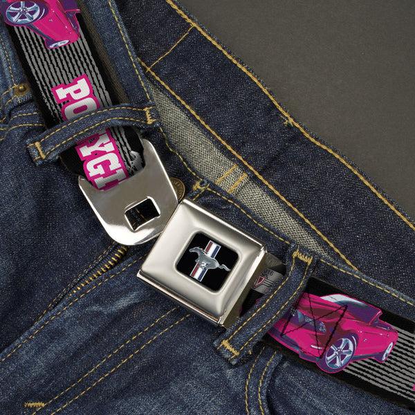 Buckle-Down Ford Mustang Emblem Seatbelt Belt - Mustang PONY GIRL/Tire Tread Black/Gray/Fuchsias Webbing