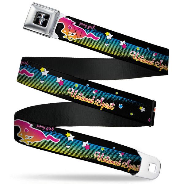 Buckle-Down Ford Mustang Emblem Seatbelt Belt - Mustang PONY GIRL UNTAMED SPIRIT/Stars Black/Multi Color Webbing
