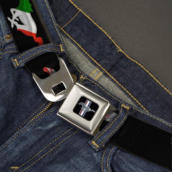 Buckle-Down Ford Mustang Emblem Seatbelt Belt - Mustang Silhouette Black/International Flags Webbing