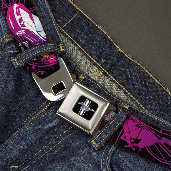 Buckle-Down Ford Mustang Emblem Seatbelt Belt - Mustang Silhouette/PONY GIRL/Flowers Black/Fuchsias Webbing