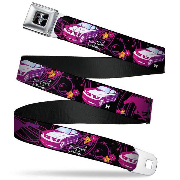 Buckle-Down Ford Mustang Emblem Seatbelt Belt - Mustang Silhouette/PONY GIRL/Flowers Black/Fuchsias Webbing