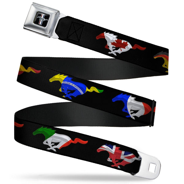 Buckle-Down Ford Mustang Emblem Seatbelt Belt - Mustang Silhouette Black/International Flags Webbing