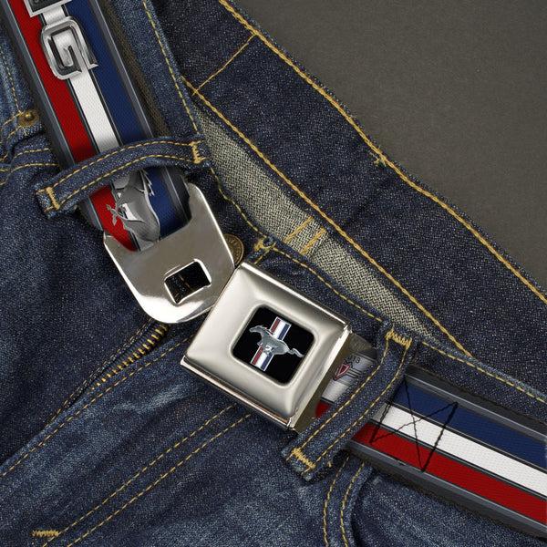 Buckle-Down Ford Mustang Emblem Seatbelt Belt - Mustang/Text W/Tri-Bar Stripe Webbing