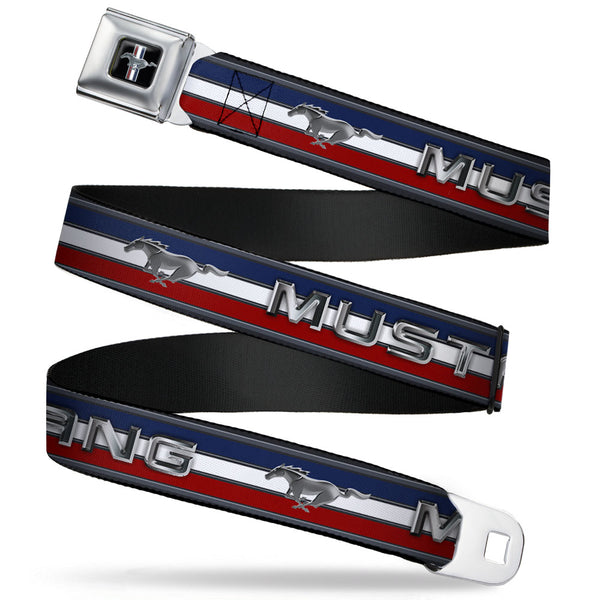 Buckle-Down Ford Mustang Emblem Seatbelt Belt - Mustang/Text W/Tri-Bar Stripe Webbing