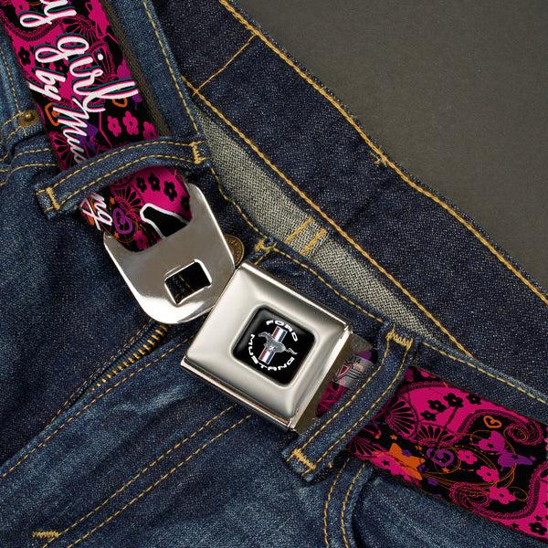 Buckle-Down FORD MUSTANG Tri-Bar Logo Full Color Black White Silver Red Blue Seatbelt Belt - Mustang PONY GIRL/Floral Collage Black/Pinks/White Webbing