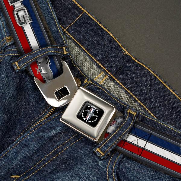 Buckle-Down FORD MUSTANG Tri-Bar Logo Full Color Black White Silver Red Blue Seatbelt Belt - Mustang/Text W/Tri-Bar Stripe Webbing