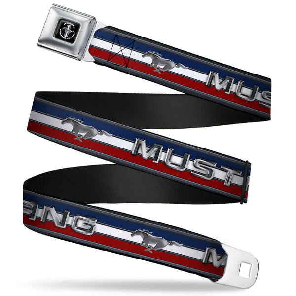 Buckle-Down FORD MUSTANG Tri-Bar Logo Full Color Black White Silver Red Blue Seatbelt Belt - Mustang/Text w/Tri-Bar Stripe Webbing