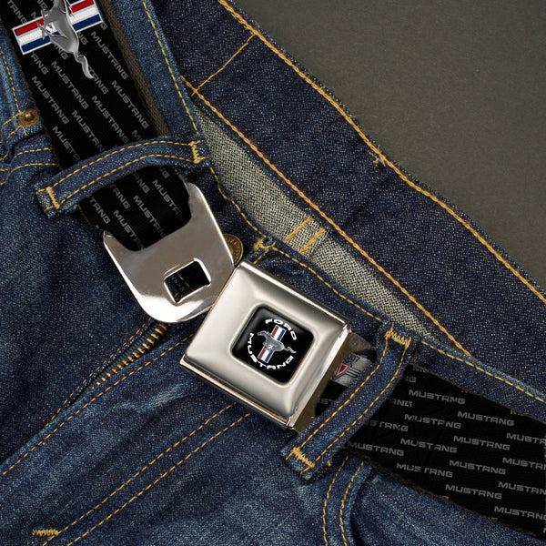 Buckle-Down FORD MUSTANG Tri-Bar Logo Full Color Black White Silver Red Blue Seatbelt Belt - Ford Mustang W/Bars REPEAT W/Text Webbing