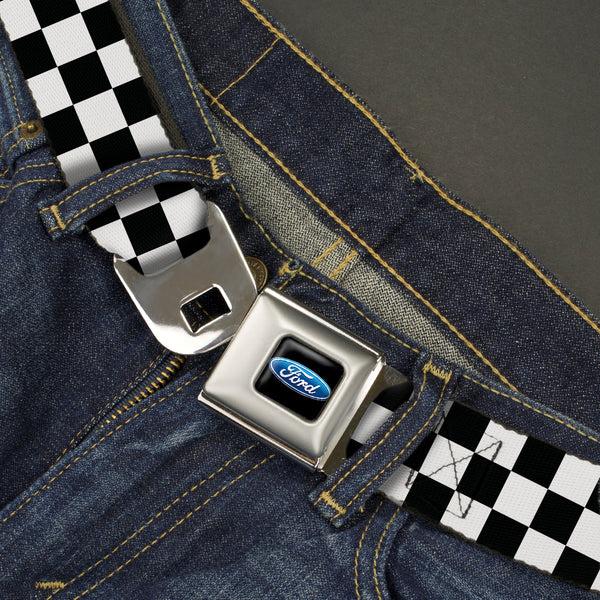 Buckle-Down Ford Oval Full Color Black/Blue Seatbelt Belt - Checker Black/White Webbing