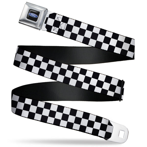 Buckle-Down Ford Oval Full Color Black/Blue Seatbelt Belt - Checker Black/White Webbing
