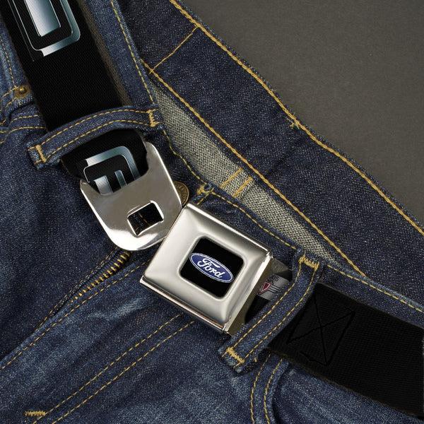 Buckle-Down Ford Oval Full Color Black Blue Seatbelt Belt - F-150 Emblem Black/Silver-Fade Webbing