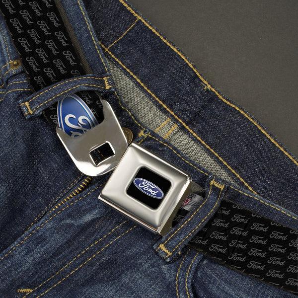 Buckle-Down Ford Oval Full Color Black Blue Seatbelt Belt - Ford Oval REPEAT W/Text Webbing