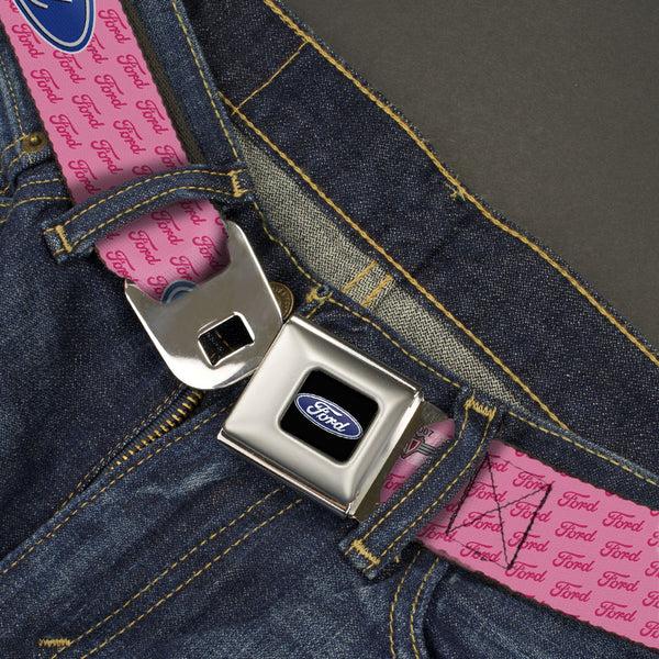 Buckle-Down Ford Oval Full Color Black Blue Seatbelt Belt - Ford Oval W/Text PINK REPEAT Webbing