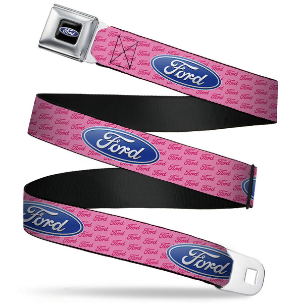 Buckle-Down Ford Oval Full Color Black Blue Seatbelt Belt - Ford Oval w/Text PINK REPEAT Webbing