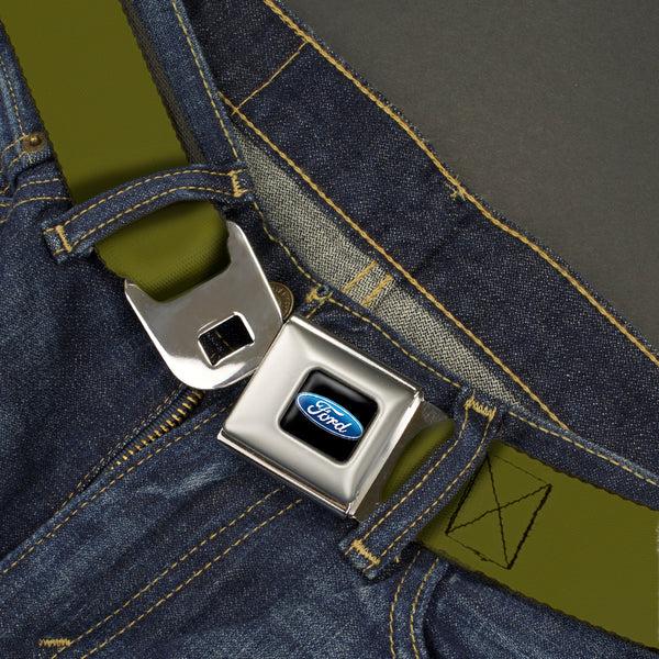 Buckle-Down Ford Oval Full Color Black/Blue Seatbelt Belt - Olive Webbing