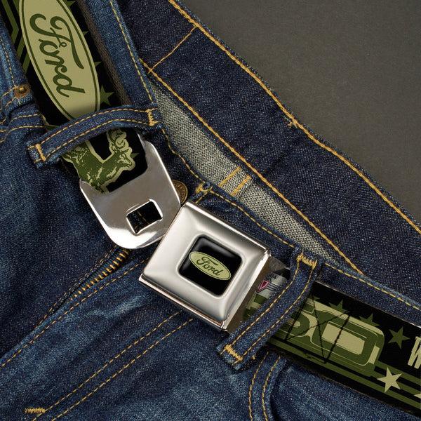 Buckle-Down FORD Oval Full Color Black Tan Olive Seatbelt Belt - FORD F-150 WORKS HARD PLAYS HARDER./Stars Black/Tan/Olive Webbing