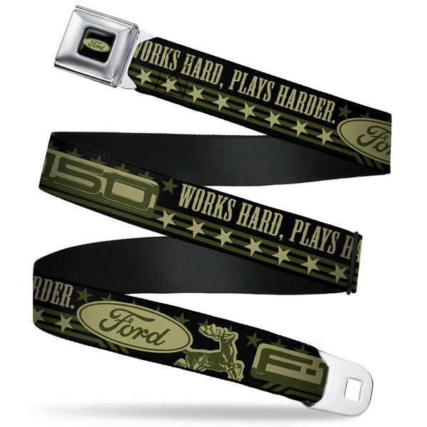 Buckle-Down FORD Oval Full Color Black Tan Olive Seatbelt Belt - FORD F-150 WORKS HARD PLAYS HARDER./Stars Black/Tan/Olive Webbing