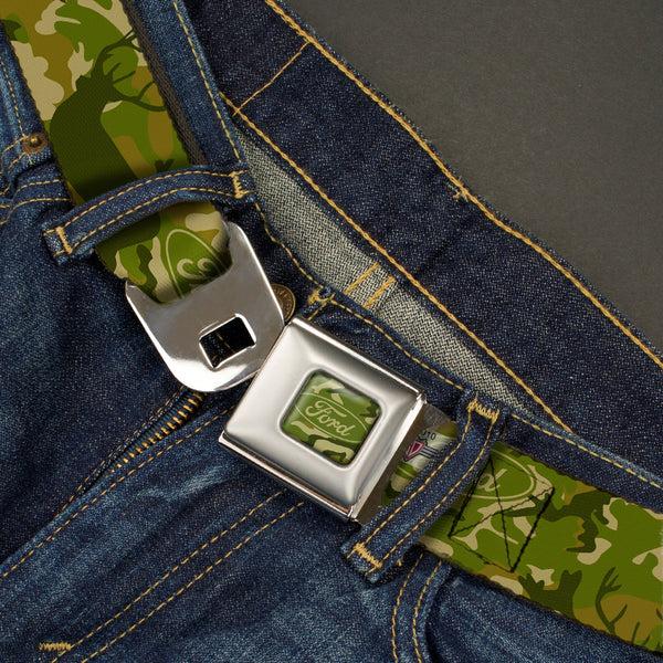 Buckle-Down FORD Oval Full Color Deer Hunter Camo Olive Seatbelt Belt - FORD Deer Hunter Camo Olive Webbing