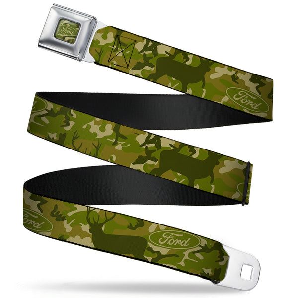 Buckle-Down FORD Oval Full Color Deer Hunter Camo Olive Seatbelt Belt - FORD Deer Hunter Camo Olive Webbing