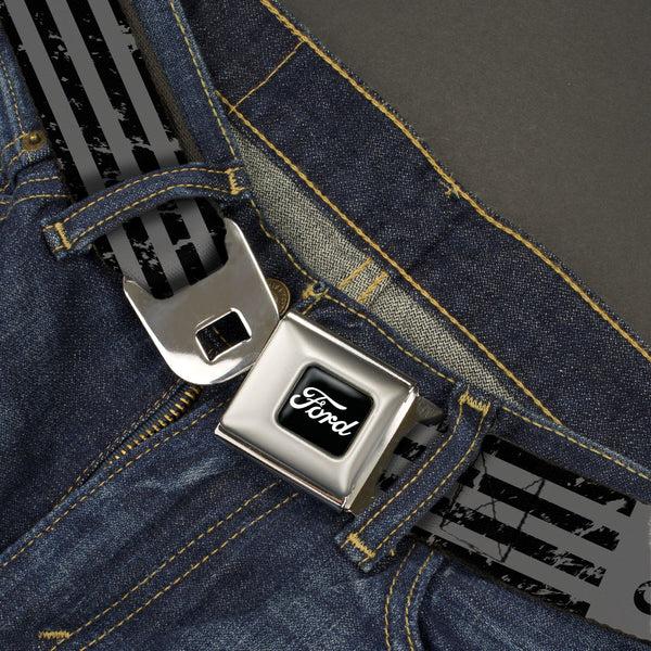 Buckle-Down FORD Script Full Color Black/White Seatbelt Belt - FORD Script Stripe Blocks Weathered Gray/Black Webbing