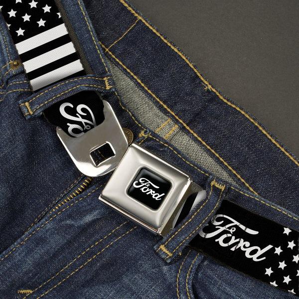 Buckle-Down FORD Script Full Color Black/White Seatbelt Belt - FORD Script Americana Stars And Stripes Black/White Webbing