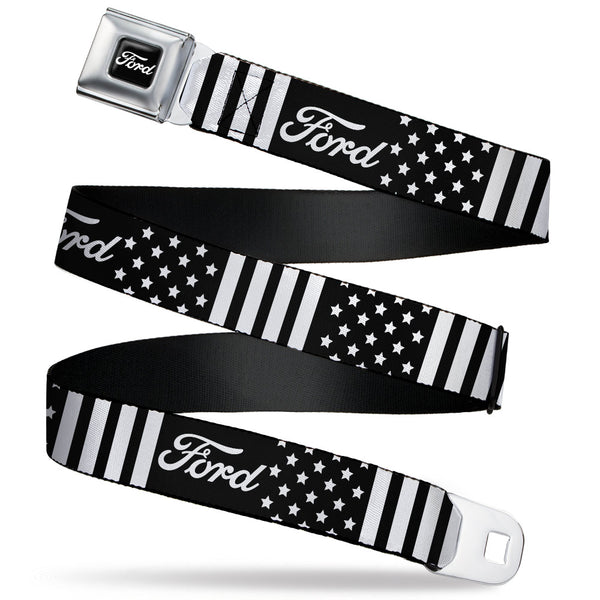 Buckle-Down FORD Script Full Color Black/White Seatbelt Belt - FORD Script Americana Stars And Stripes Black/White Webbing