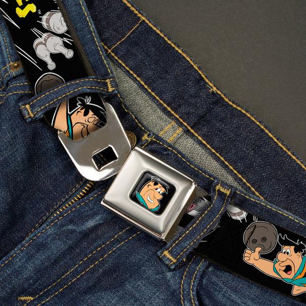 Buckle-Down Fred Face Full Color Black Seatbelt Belt - THE FLINTSTONES Fred Bowling Poses/Bowling Pins Black Webbing