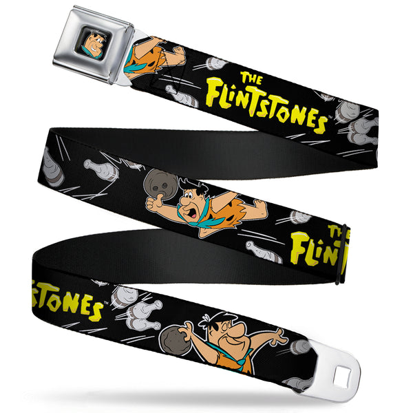 Buckle-Down Fred Face Full Color Black Seatbelt Belt - THE FLINTSTONES Fred Bowling Poses/Bowling Pins Black Webbing