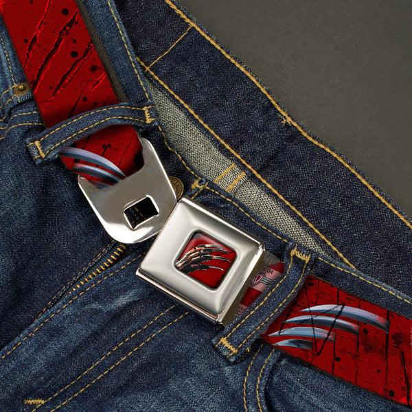 Buckle-Down Freddy Krueger Blade Hand Full Color Black/Blood Splatter Seatbelt Belt - A NIGHTMARE ON ELM STREET/Freddy's Hand Scratching Reds/Black/Gray Webbing