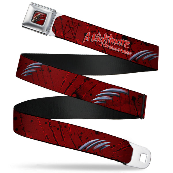 Buckle-Down Freddy Krueger Blade Hand Full Color Black/Blood Splatter Seatbelt Belt - A NIGHTMARE ON ELM STREET/Freddy's Hand Scratching Reds/Black/Gray Webbing