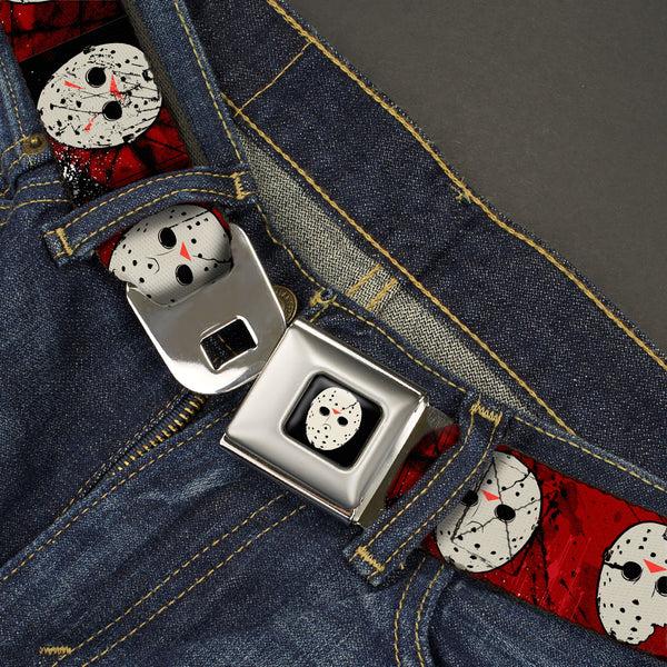 Buckle-Down Friday The 13th Hockey Mask Icon Full Color Black Seatbelt Belt - Friday The 13th Hockey Mask Icons Reds Webbing