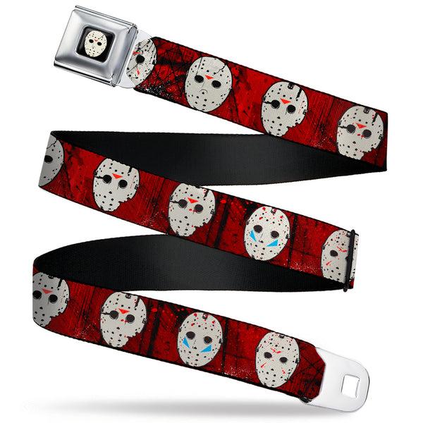 Buckle-Down Friday the 13th Hockey Mask Icon Full Color Black Seatbelt Belt - Friday the 13th Hockey Mask Icons Reds Webbing