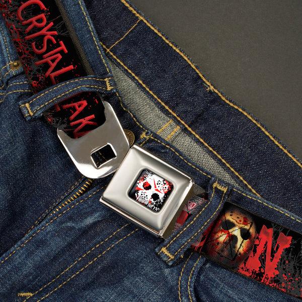 Buckle-Down FRIDAY THE 13th/Jason Mask 5 Full Color Splatter Black/White/Red Seatbelt Belt - JASON Mask6/CAMP CRYSTAL LAKE/Hand Prints Blood Splatter Black/Reds/Gray Webbing