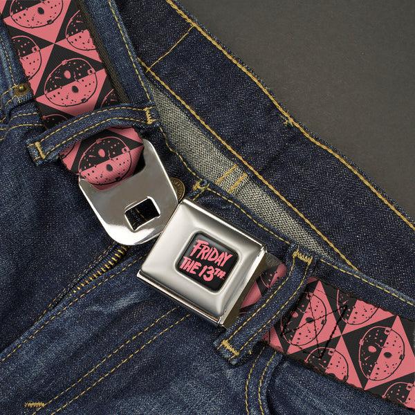 Buckle-Down FRIDAY THE 13TH Title Logo Full Color Black/Red Seatbelt Belt - Friday The 13th Jason Mask Diamond Split Black/Red Webbing
