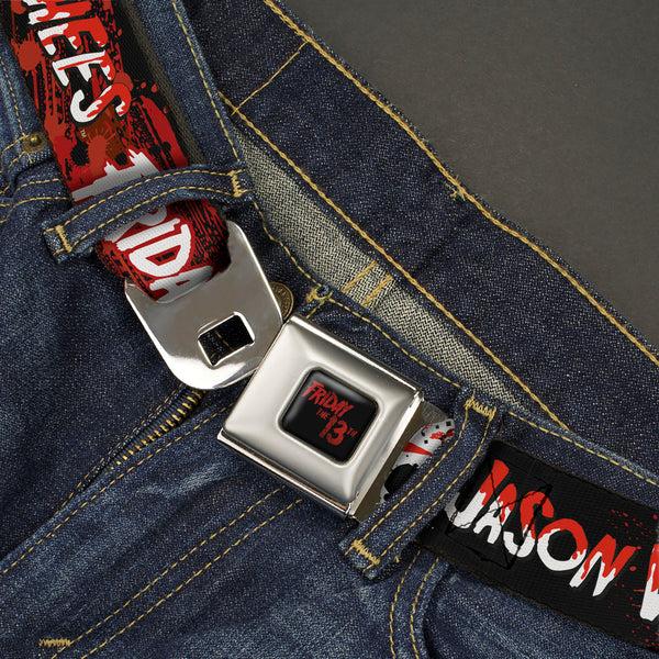 Buckle-Down FRIDAY THE 13TH Title Logo Full Color Black/Red Seatbelt Belt - FRIDAY THE 13TH JASON VOORHIES Mask Text Black/Red/White Webbing