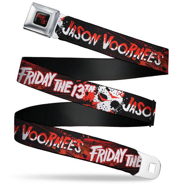 Buckle-Down FRIDAY THE 13TH Title Logo Full Color Black/Red Seatbelt Belt - FRIDAY THE 13TH JASON VOORHIES Mask Text Black/Red/White Webbing