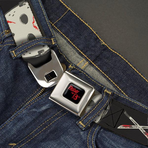 Buckle-Down FRIDAY THE 13TH Title Logo Full Color Black/Red Seatbelt Belt - Friday The 13th JASON VOORHEES Script And Hockey Mask Black Webbing