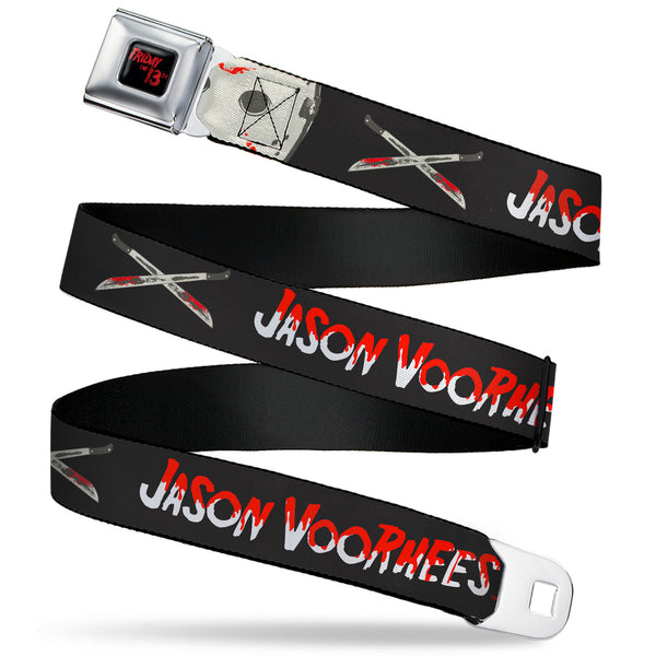 Buckle-Down FRIDAY THE 13TH Title Logo Full Color Black/Red Seatbelt Belt - Friday the 13th JASON VOORHEES Script and Hockey Mask Black Webbing