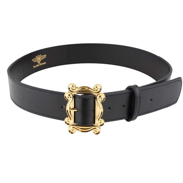 Buckle-Down Friends Monica's Peephole Frame Gold Cast Buckle - Black PU Strap Belt