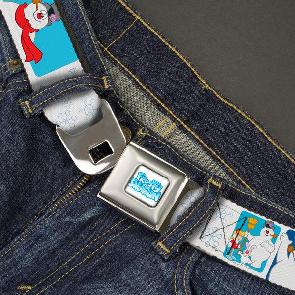 Buckle-Down FROSTY THE SNOWMAN Logo Full Color White/Blues Seatbelt Belt - Frosty The Snowman Pose Blocks And Snowflakes White/Blue Webbing